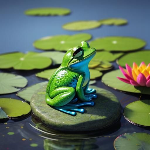 Candy Art: Kid Gazing at Frog Among Water Lilies