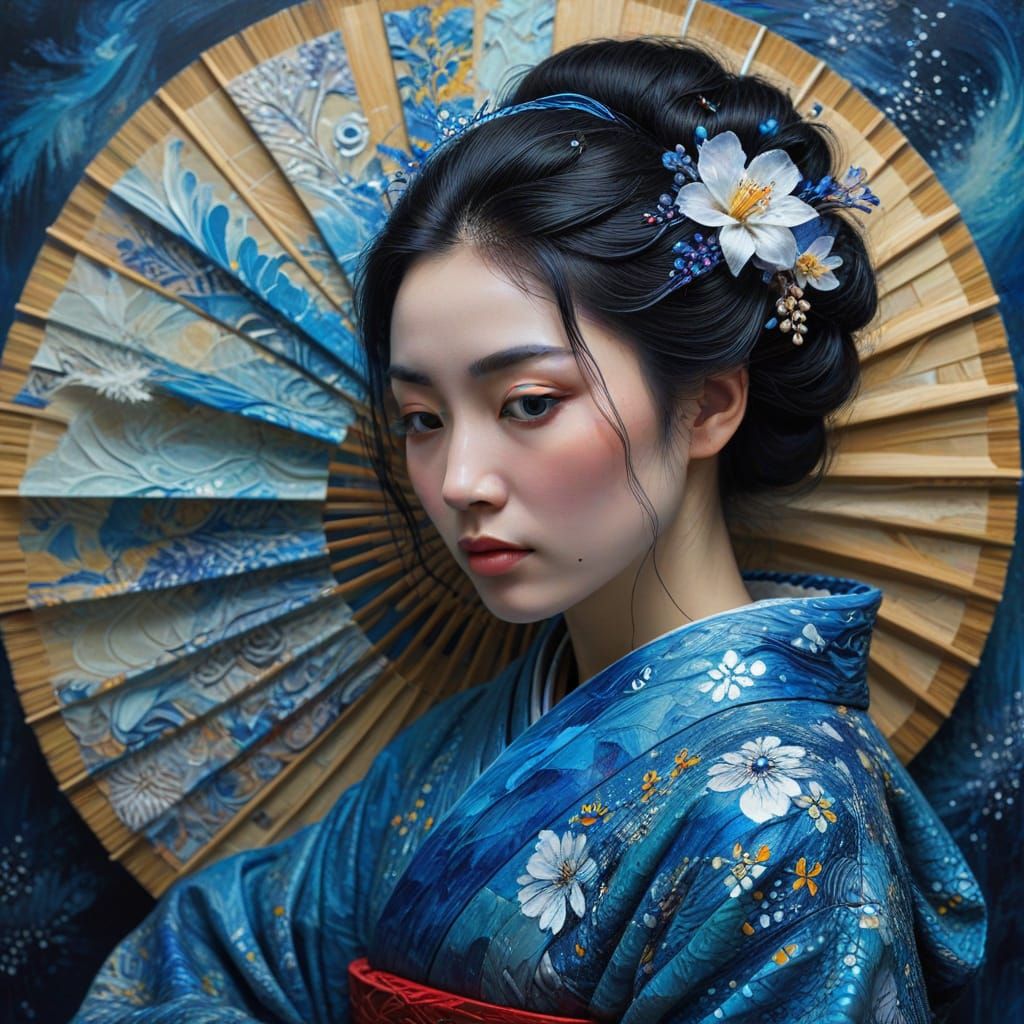Neo-Impressionist Geisha Portrait in Traditional Dress