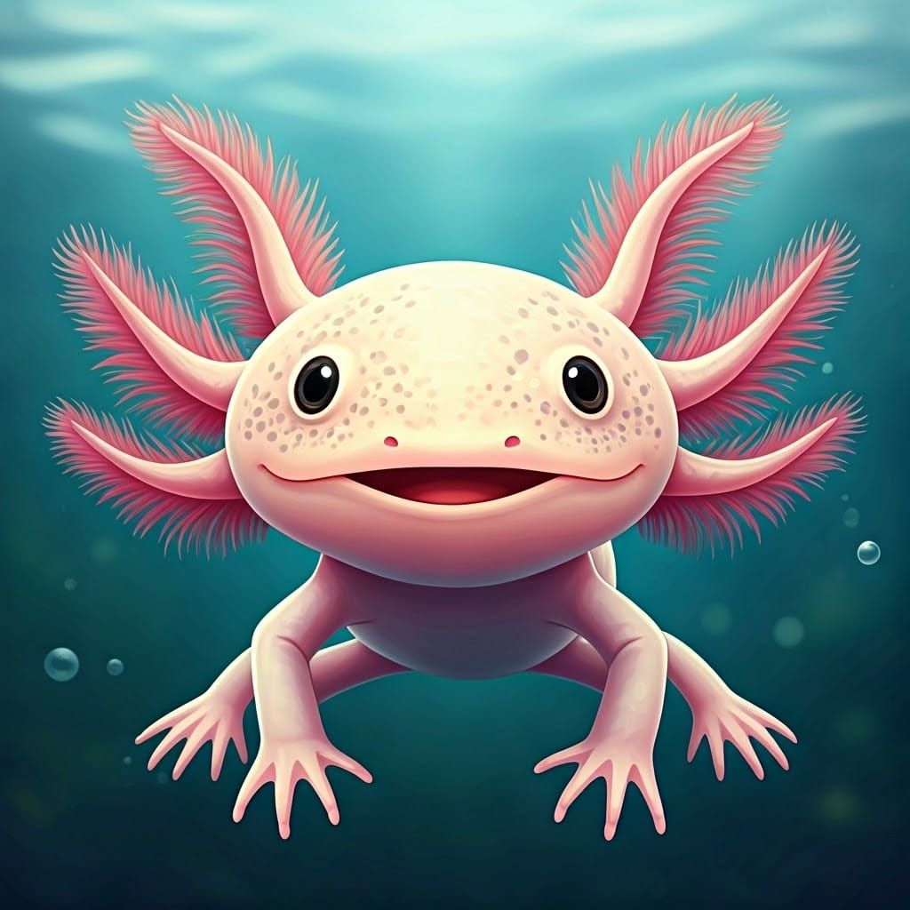 Whimsical Axolotl with Feathery Gills and Freckles