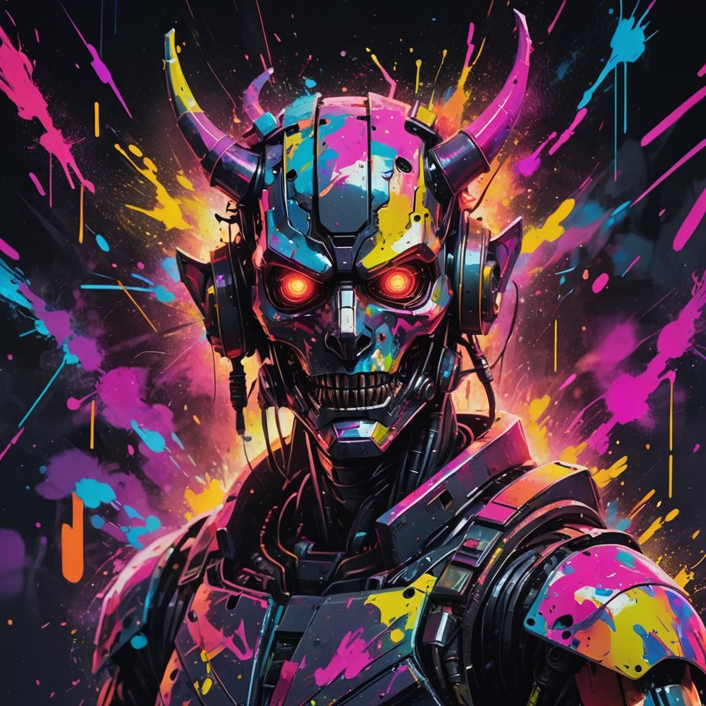 Neon Demon Robot Artist in Glitch Art Style