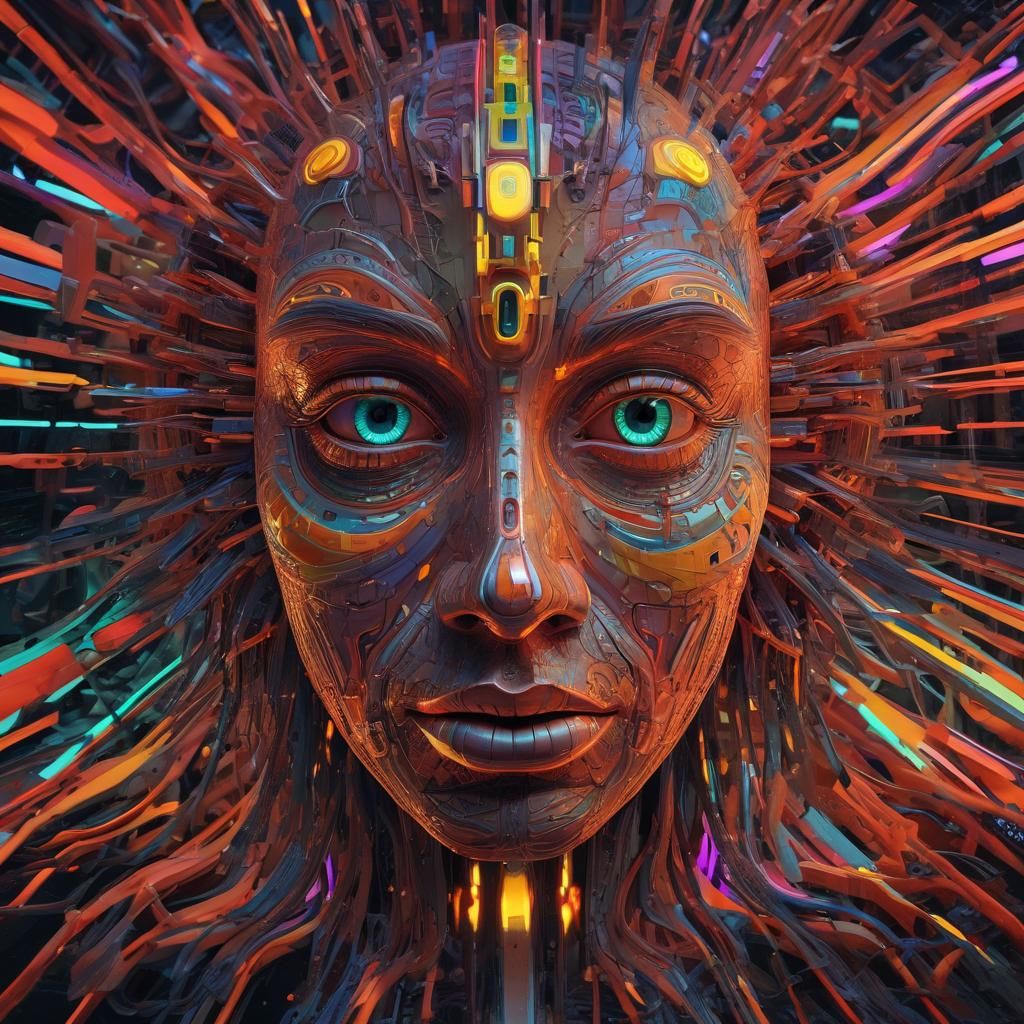 A  3D digital artwork of a large, intricately designed face ...