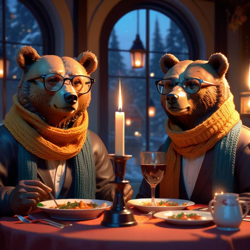 Bears Enjoy Candlelight Dinner: Hyperdetailed Concept Art