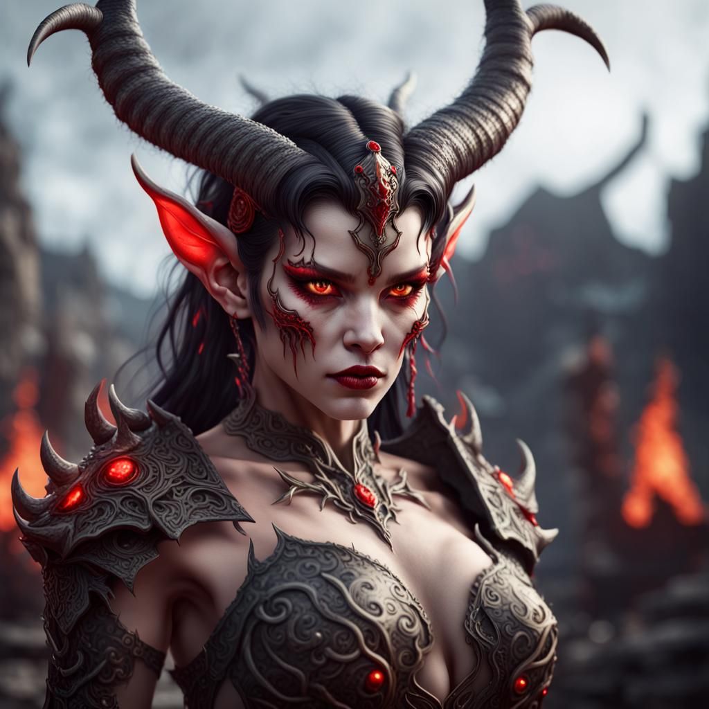 Beautiful Demon with Horns in Detailed Matte Painting