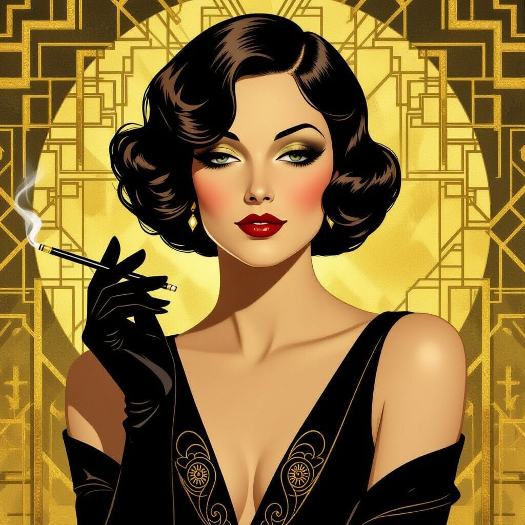 Art Deco Portrait of Mysterious Woman in Black and Gold