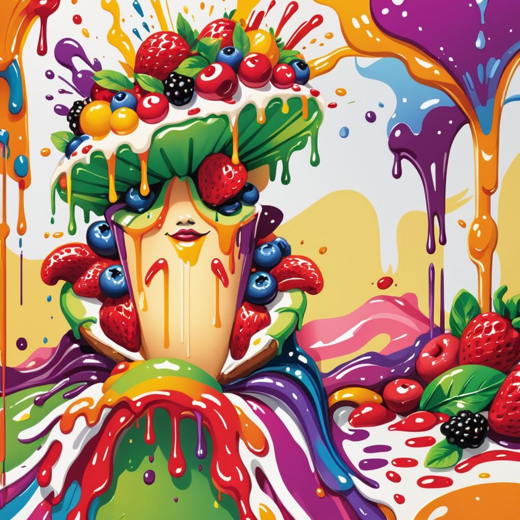 Vibrant Layered Dessert Splash Art in Whimsical Style