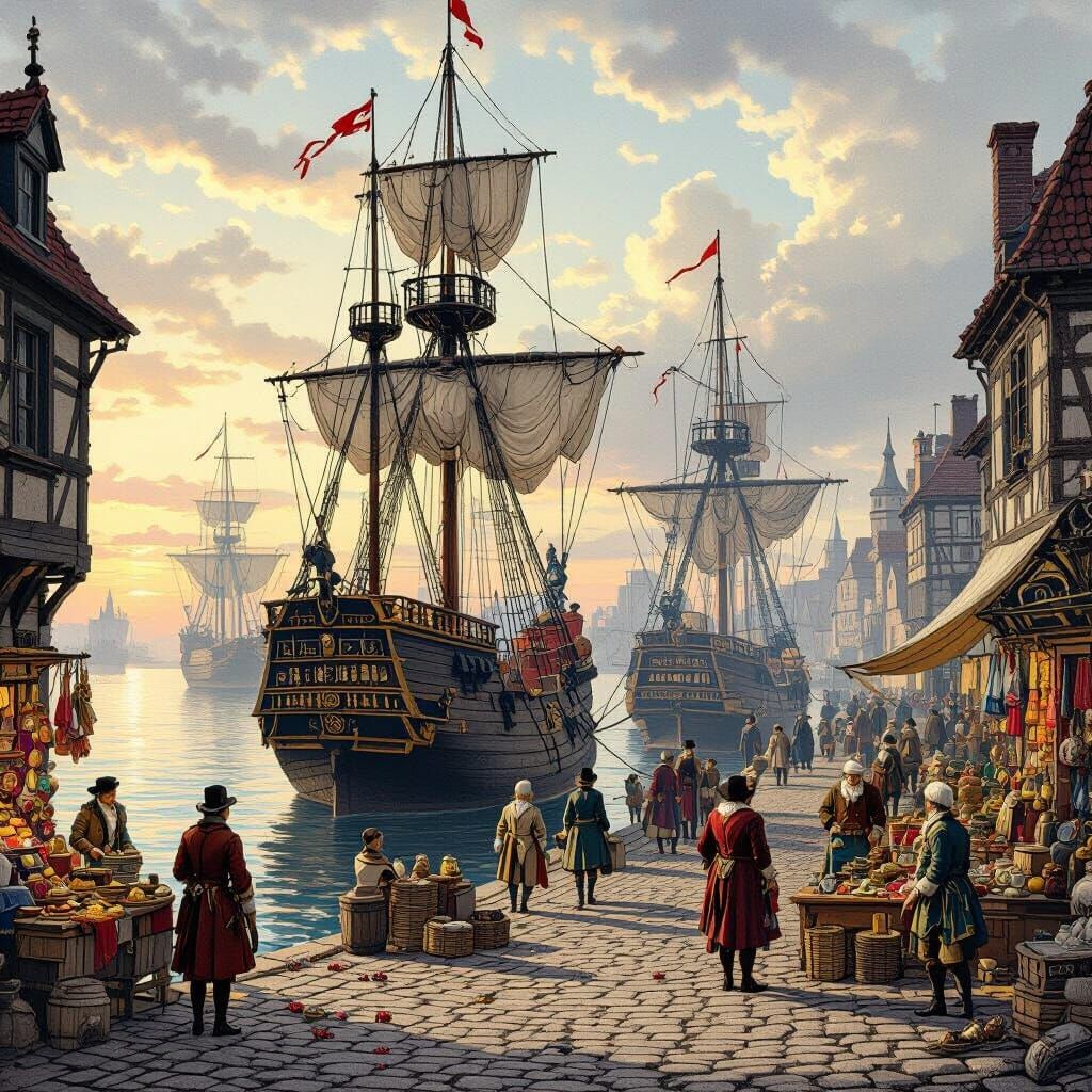 18th Century Port City at Dawn in Detailed Line Art