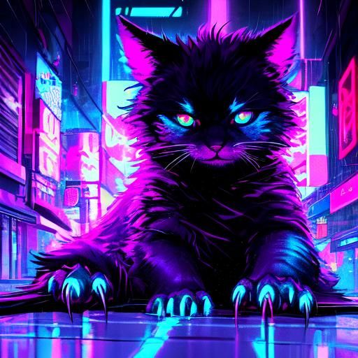 Synthwave Cat in Neon Cyberpunk Cityscape