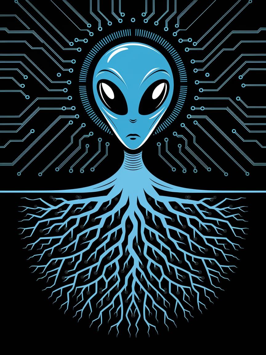 Alien Circuit Board Roots: Scientific Illustration