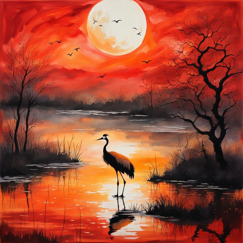 Crane Silhouette Under Red Moon: Gouache Impasto