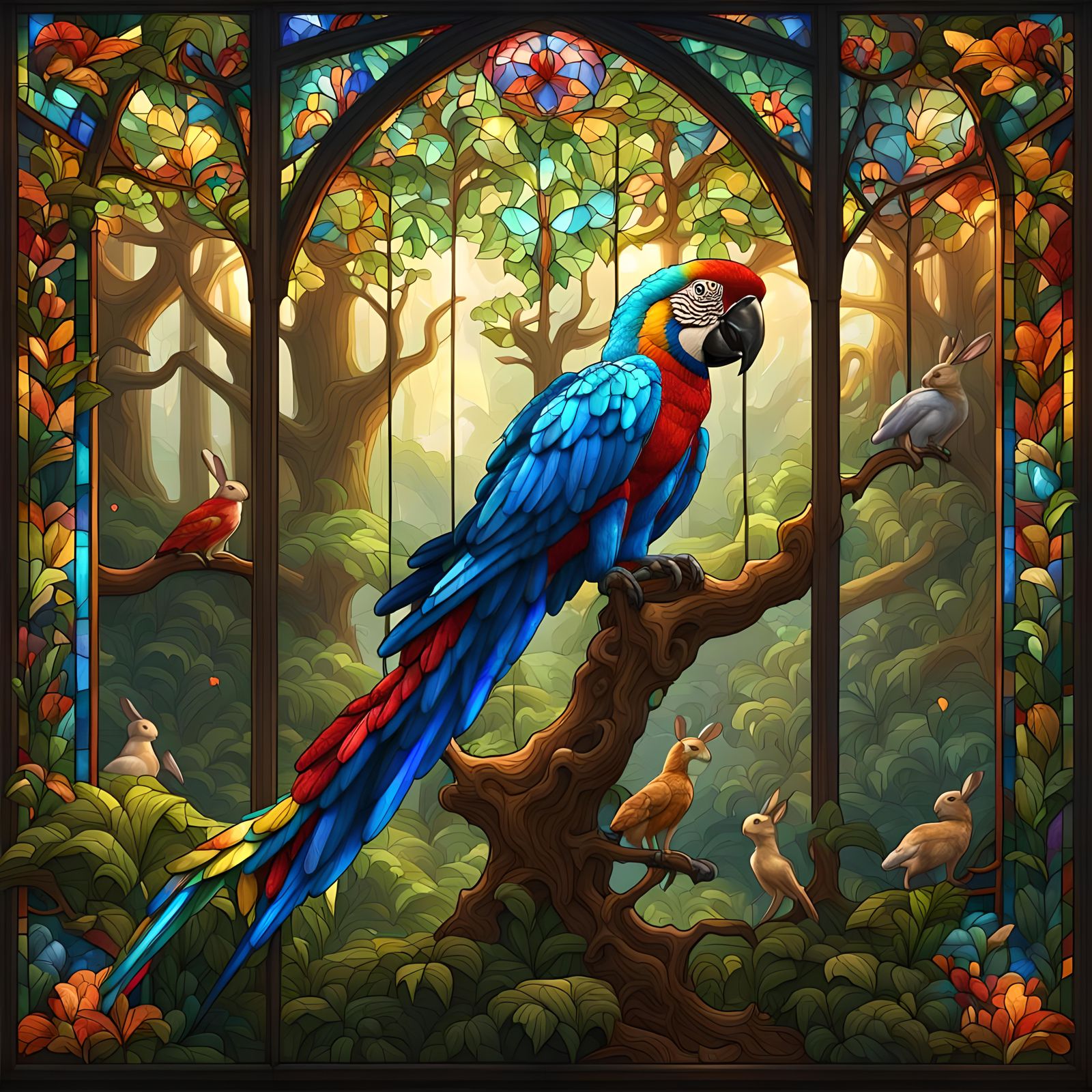 Stained Glass Macaw in Magic Forest