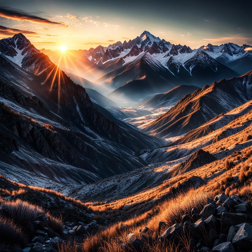 Dramatic Sunrise Over Mountain Range in HDR