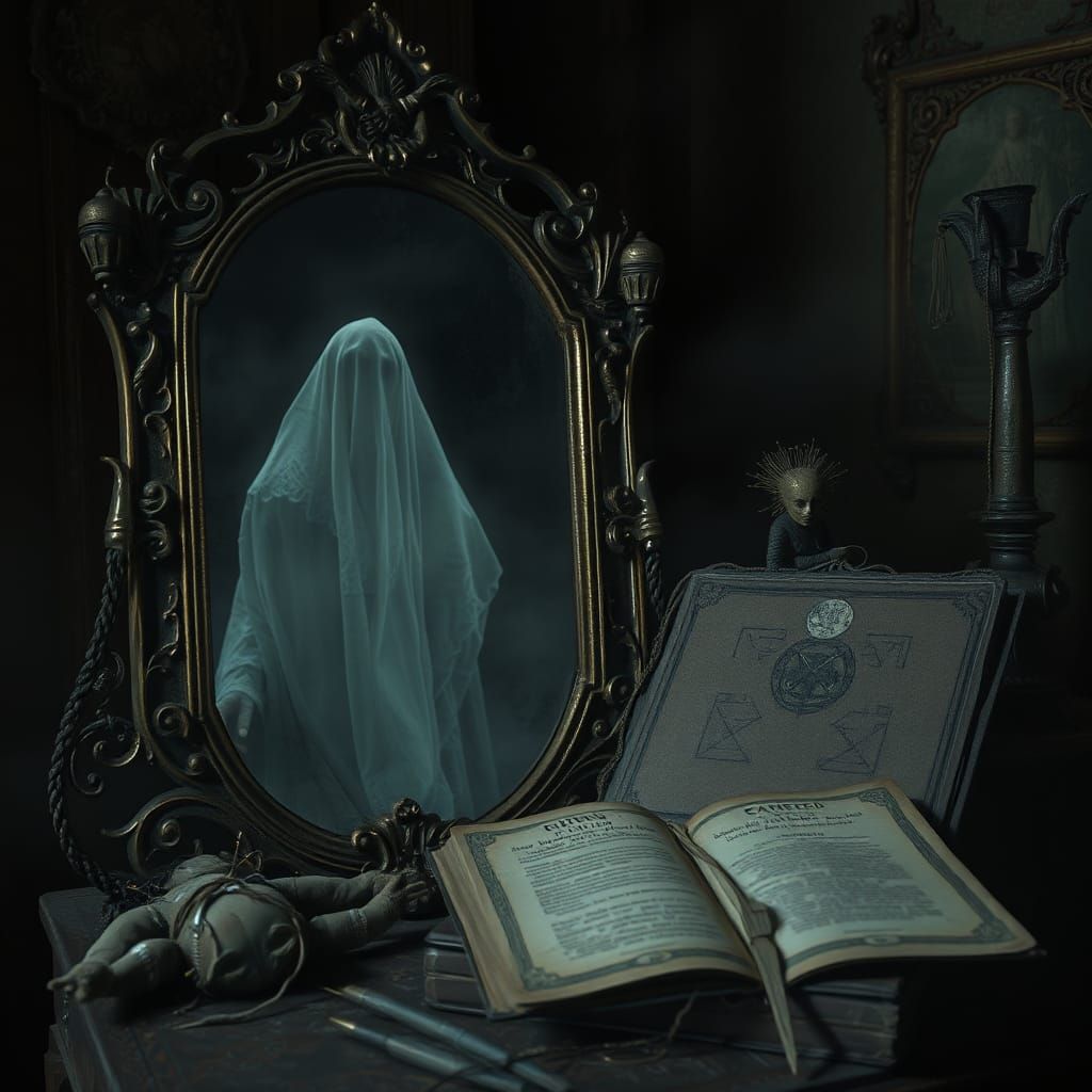 Eerie Mirror Reflecting Ghostly Figure and Cursed Artifacts