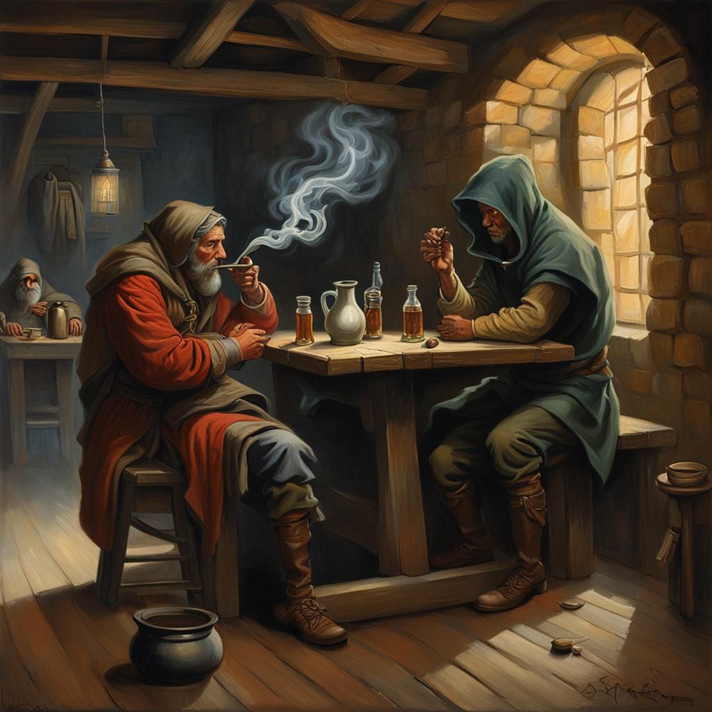 Tavern Shadow Figure in Heroic Fantasy Oil Painting