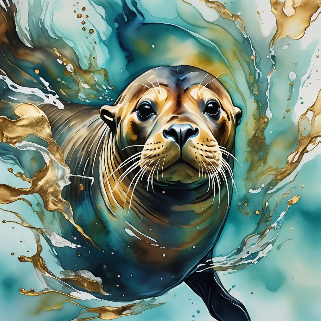 Sea Lion Swimming: Realistic Alcohol Ink Art with Gold