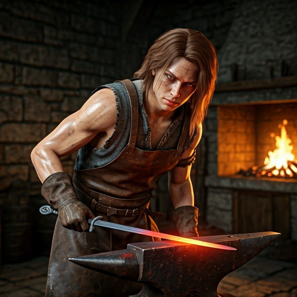 Blacksmith Shapes Claymore Sword in Dark Fantasy Style