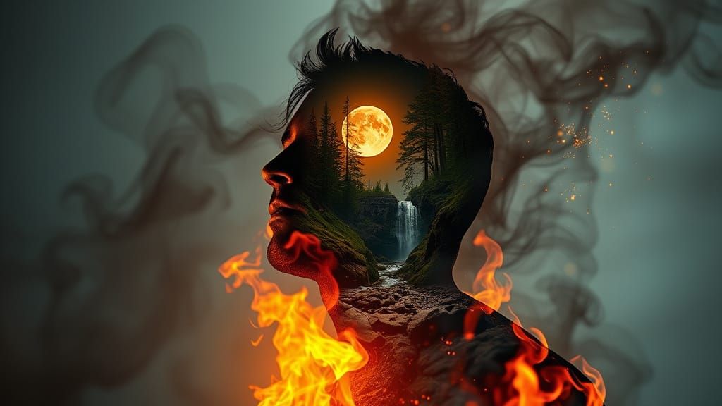 Fiery Man Encasing Forest in Double Exposure