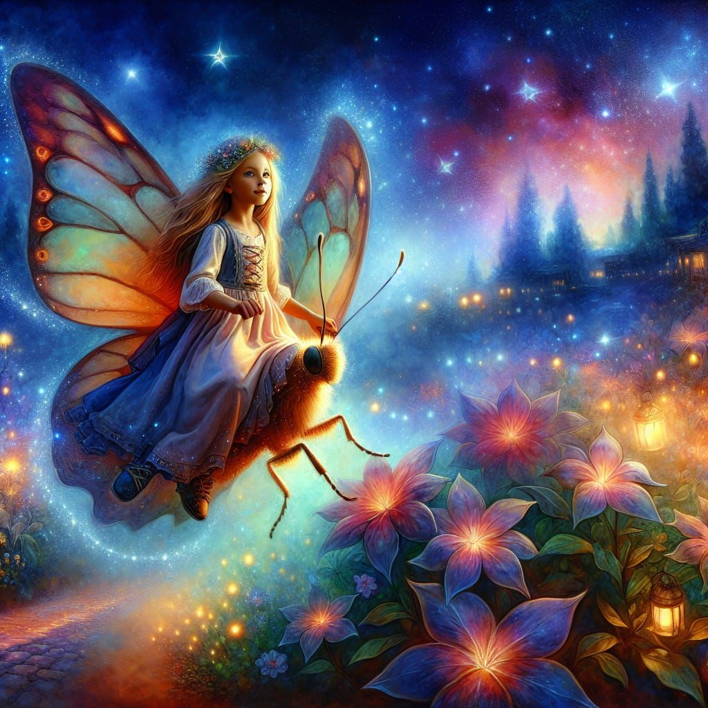 Enchanting Portrait of Girl Riding Butterfly in Night Sky