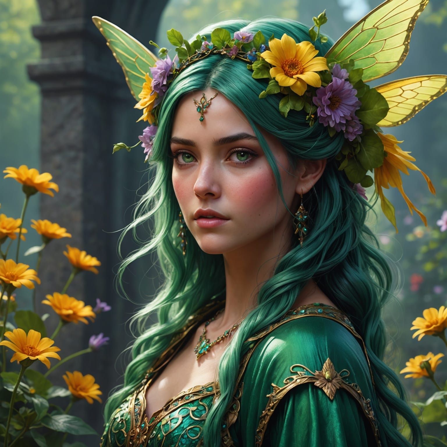 Green-Haired Fairy Princess Portrait in Digital Art Style