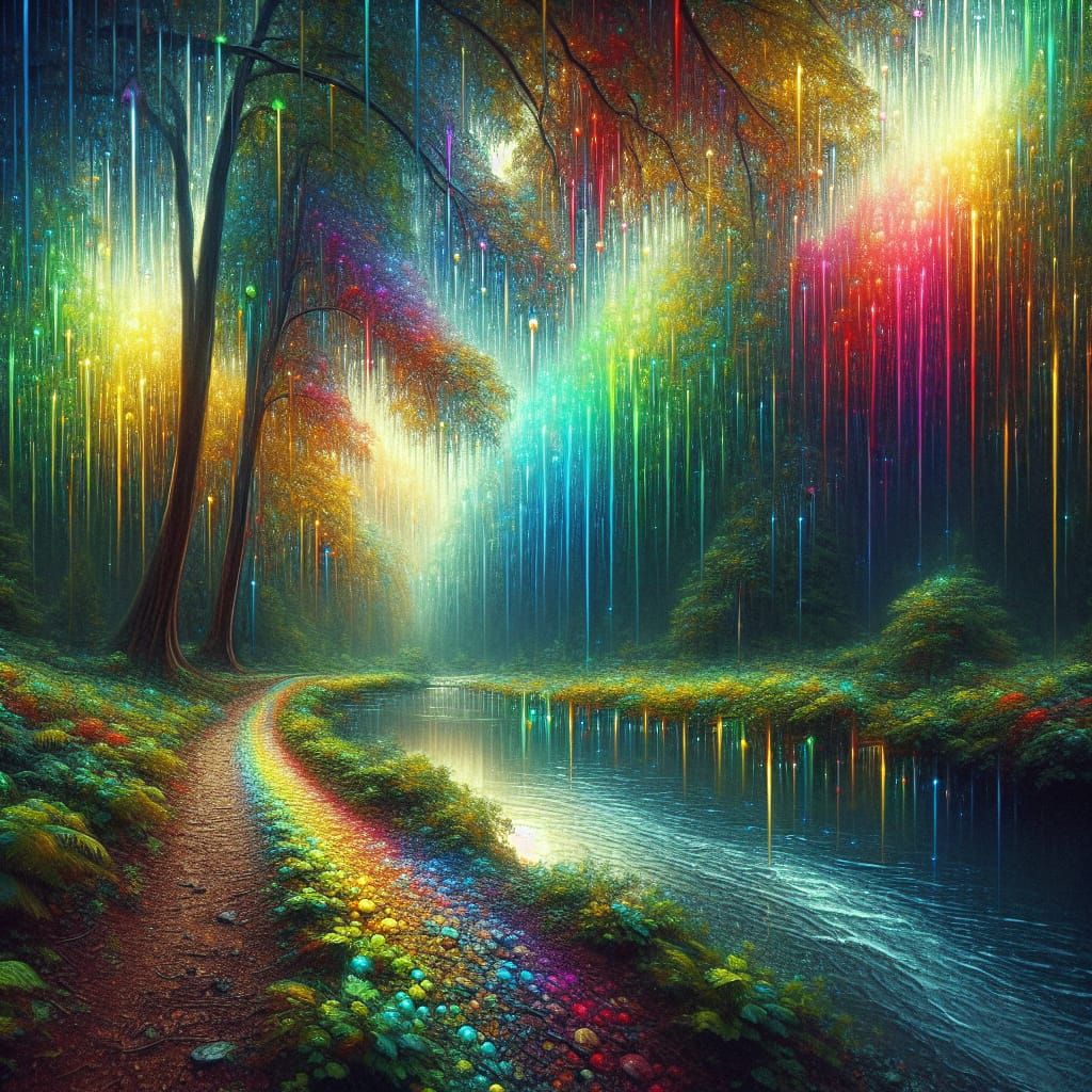 Rainbow Rain Forest Path in Fantasy Art Style