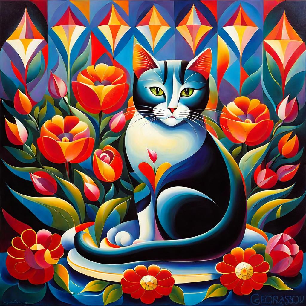 Cat and Flowers in Kurasov Style