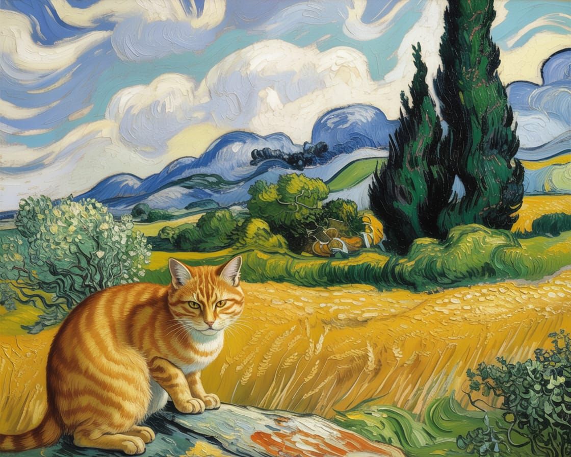 Orange Tabby Cat in Van Gogh Wheat Field Landscape