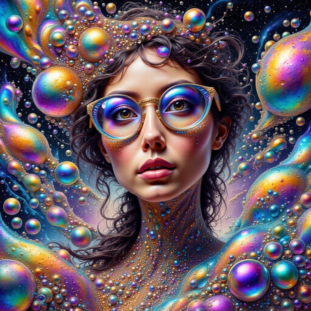 Woman in Iridescent Bubble Landscape, Hyperdetailed