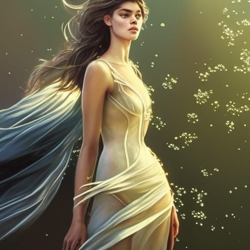 Kaia Gerber in Spring Meadow, Hyperdetailed Portrait