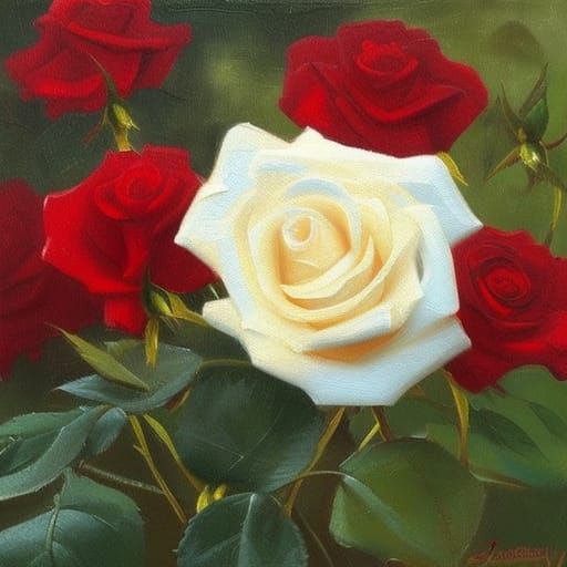 Gold and White Rose in Red Field, Oil Painting