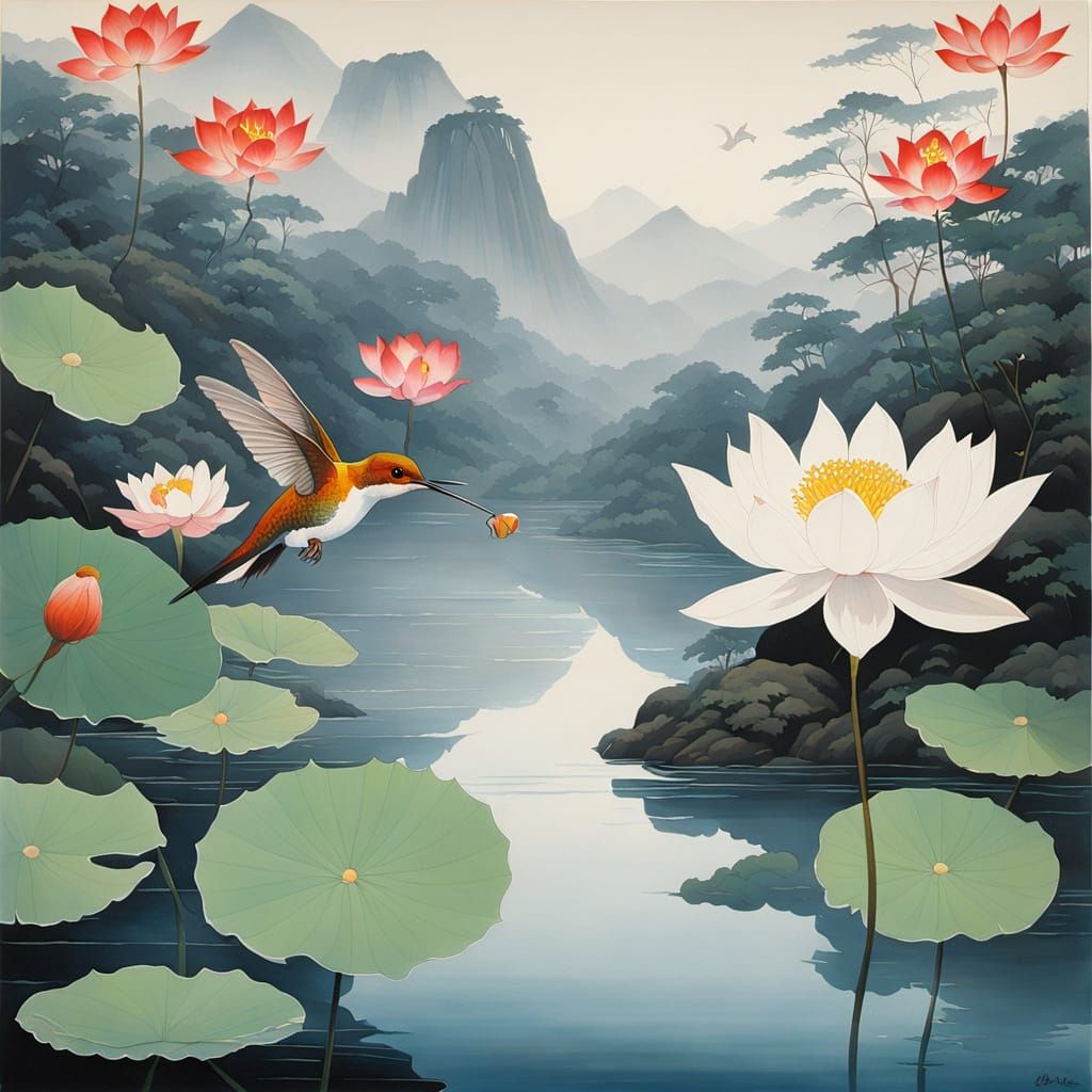 Hummingbird and Lotus in Yamato-e Style
