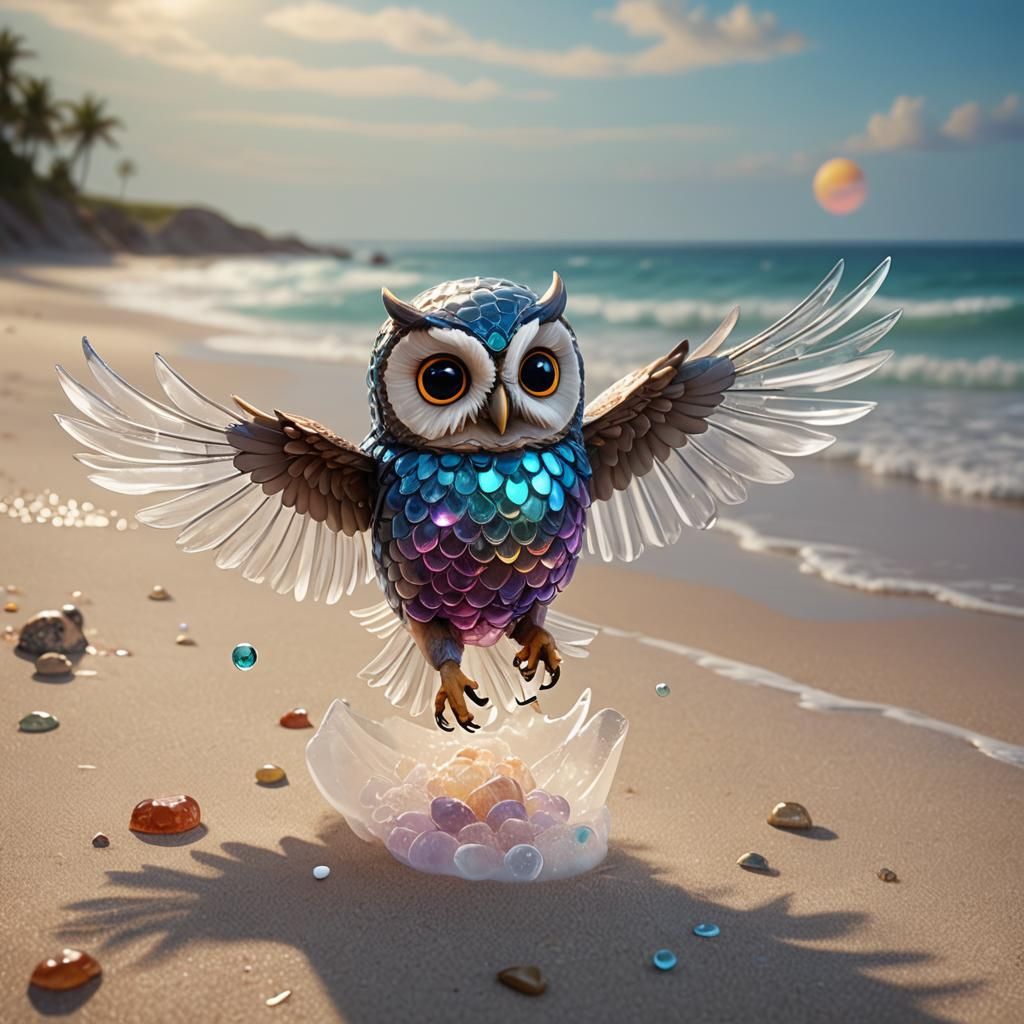 Cute Crystal Jelly Owl Flying on Beach