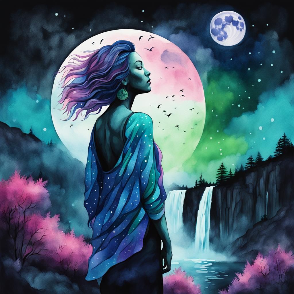 Night Sky Double Exposure: Woman by Waterfall