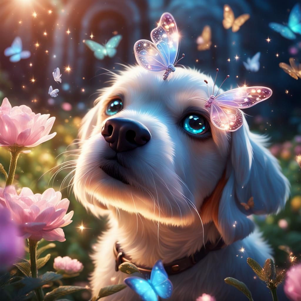 Crystal Butterfly Boops Dog Nose in Enchanted Garden