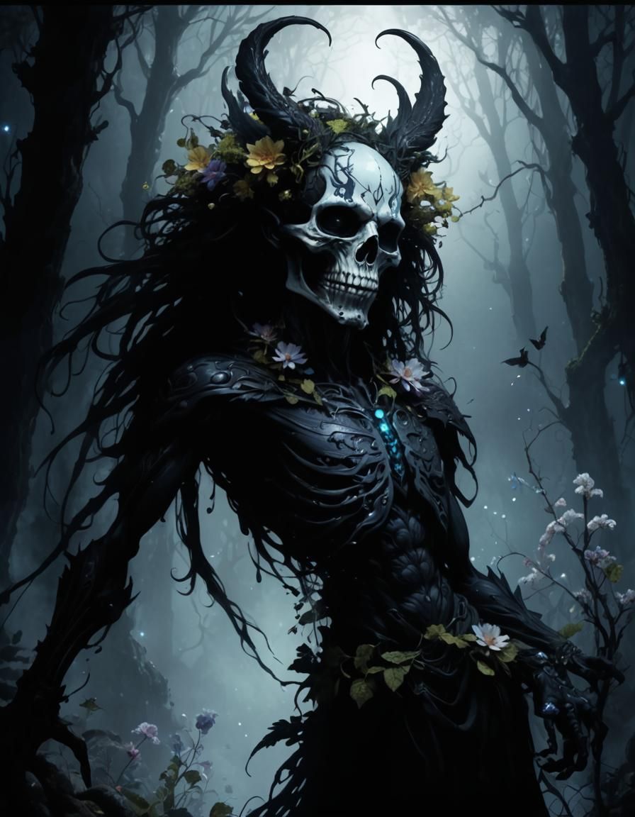 Bony Monster Fairy with Bioluminescent Flowers in Ink Art