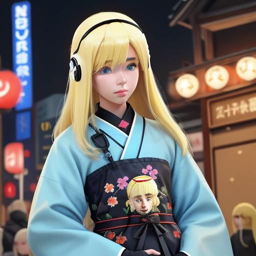 Blonde Android in Kimono with Cherry Blossoms