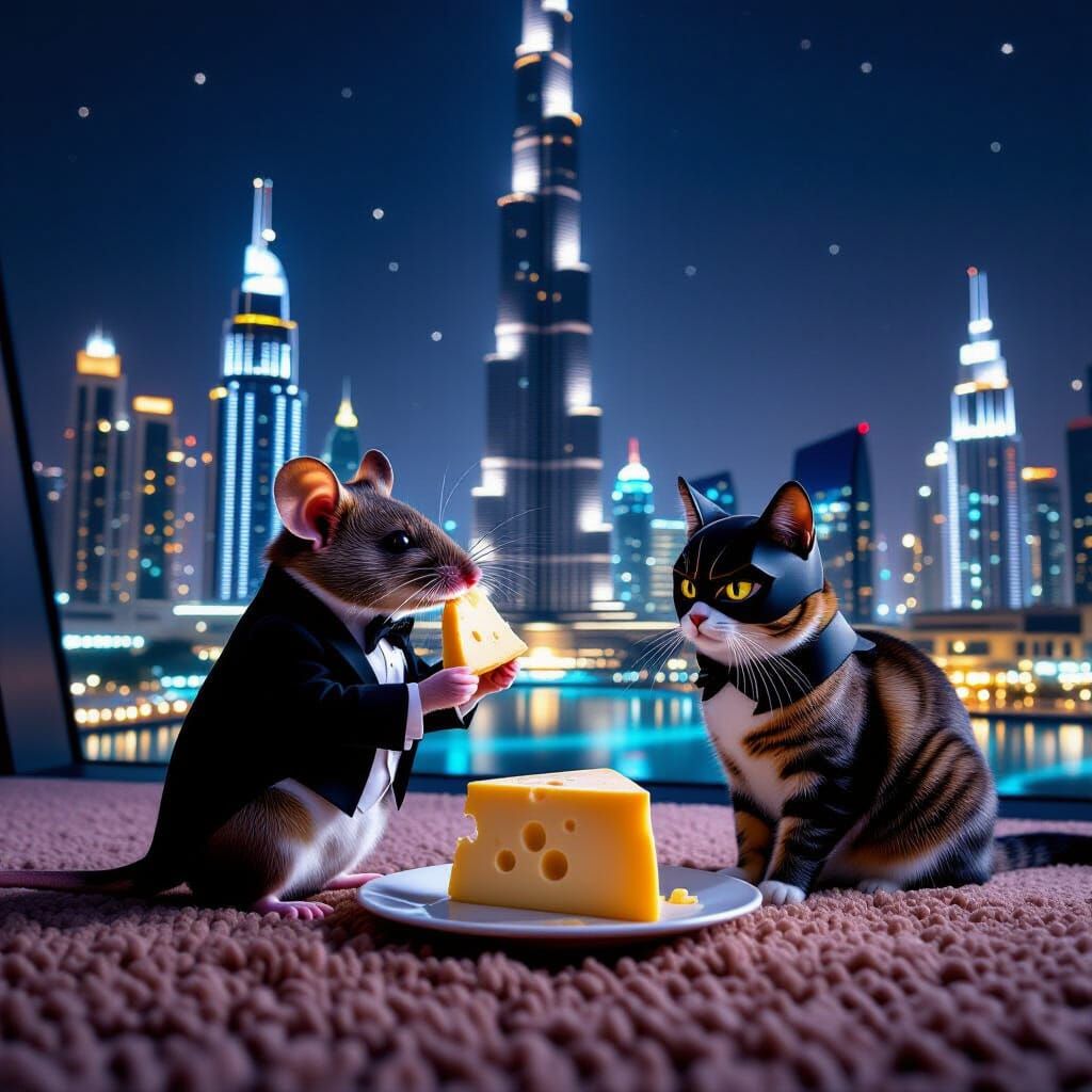 Mouse in Burj Khalifa with Batman Cat