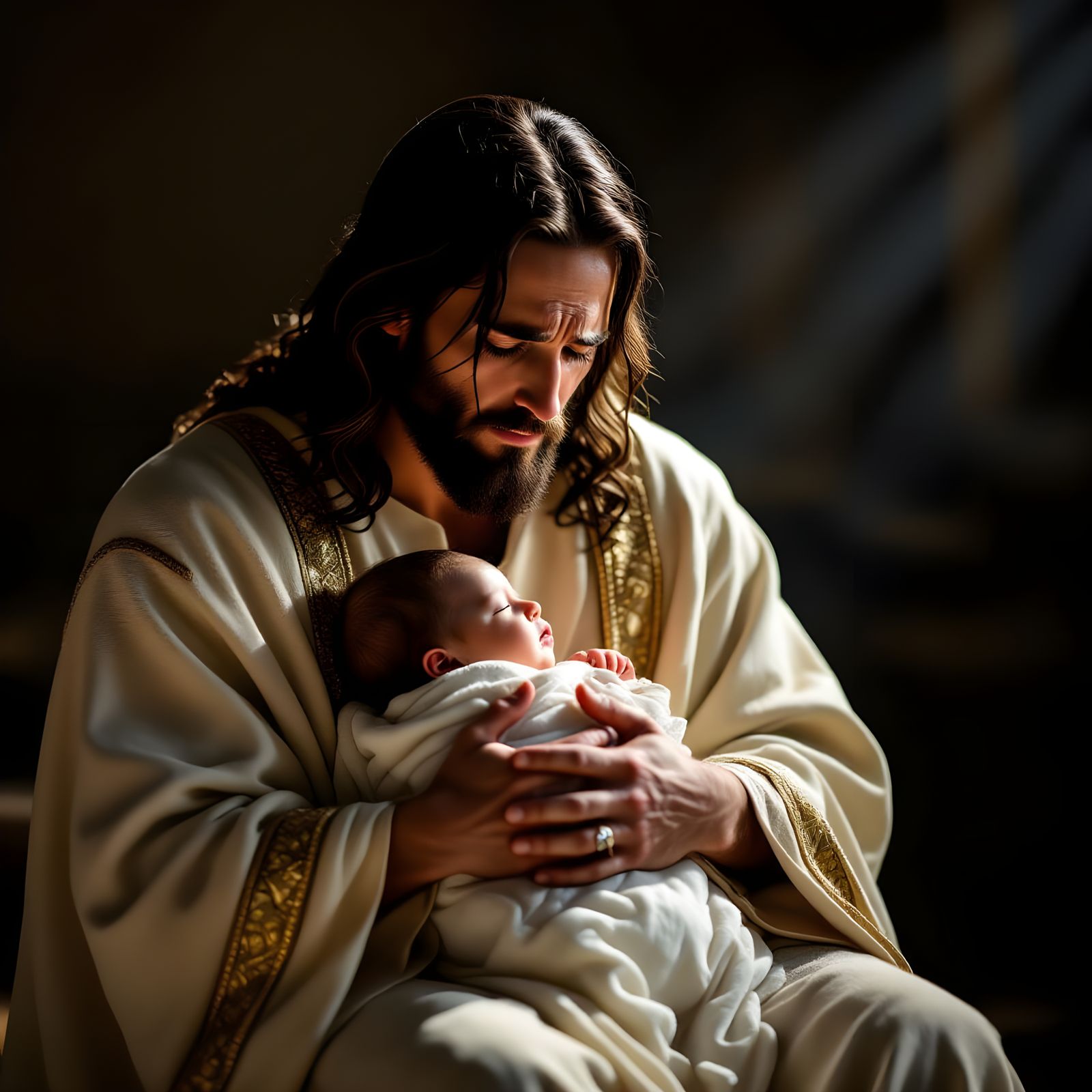 Dramatic Jesus Holding Baby: Cinematic Still
