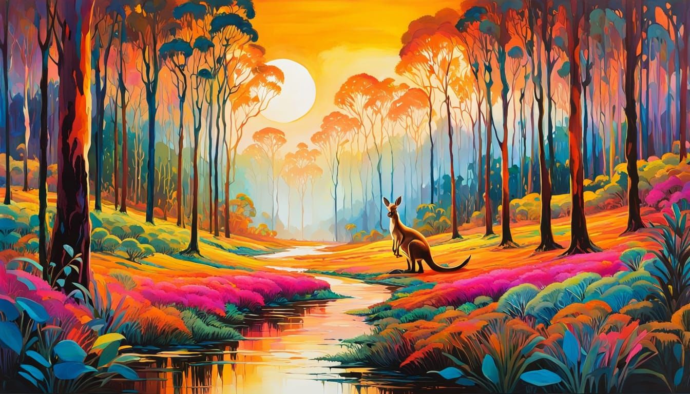 Expressionist Kangaroo in Eucalyptus Forest with Wet Inks