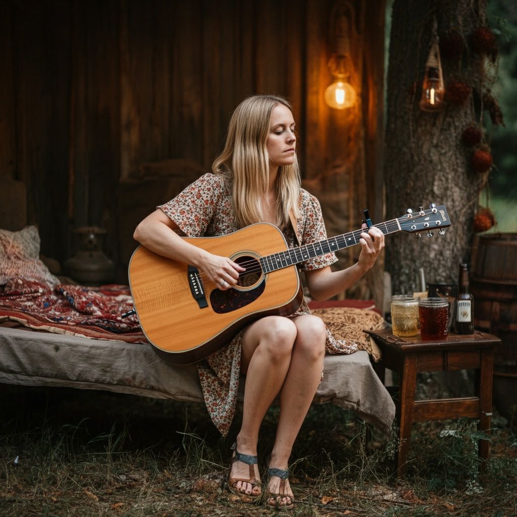 Woman Playing Guitar in Floral Dress, Golden Age Illustratio...