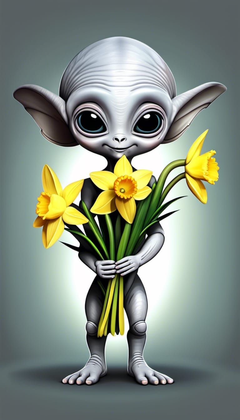 Grey Alien Baby with Daffodils