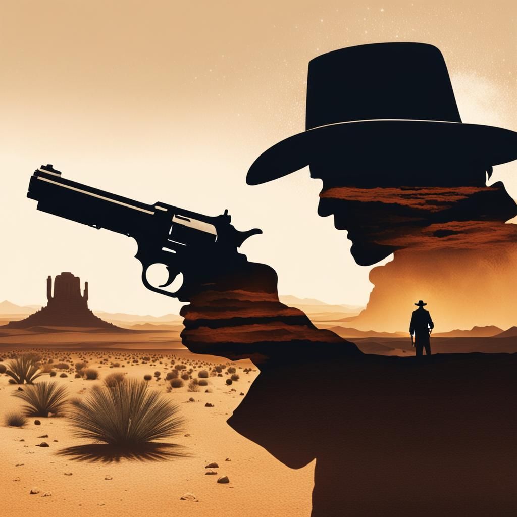Cowboy Silhouette with Pistol in Desert Town