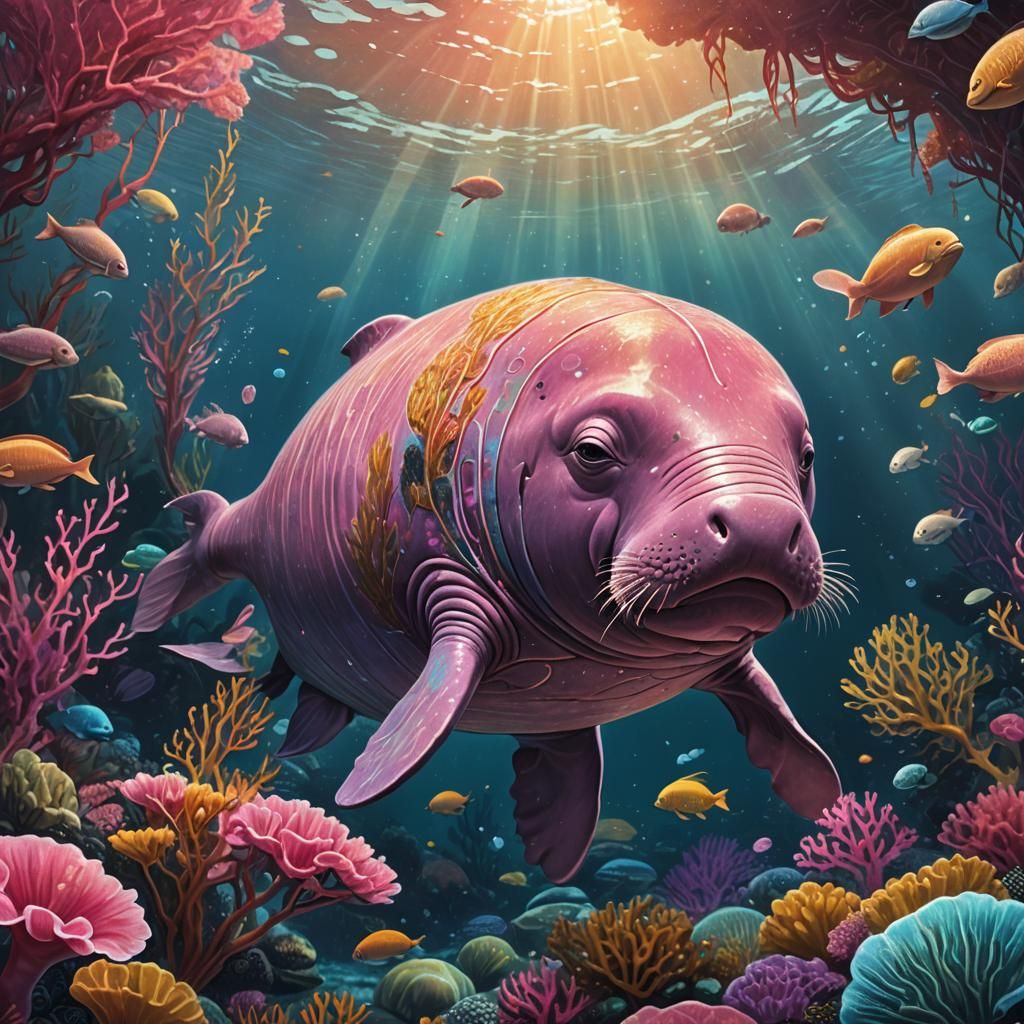 Pink Dugong in Ocean Depths: Fantasy Concept Art