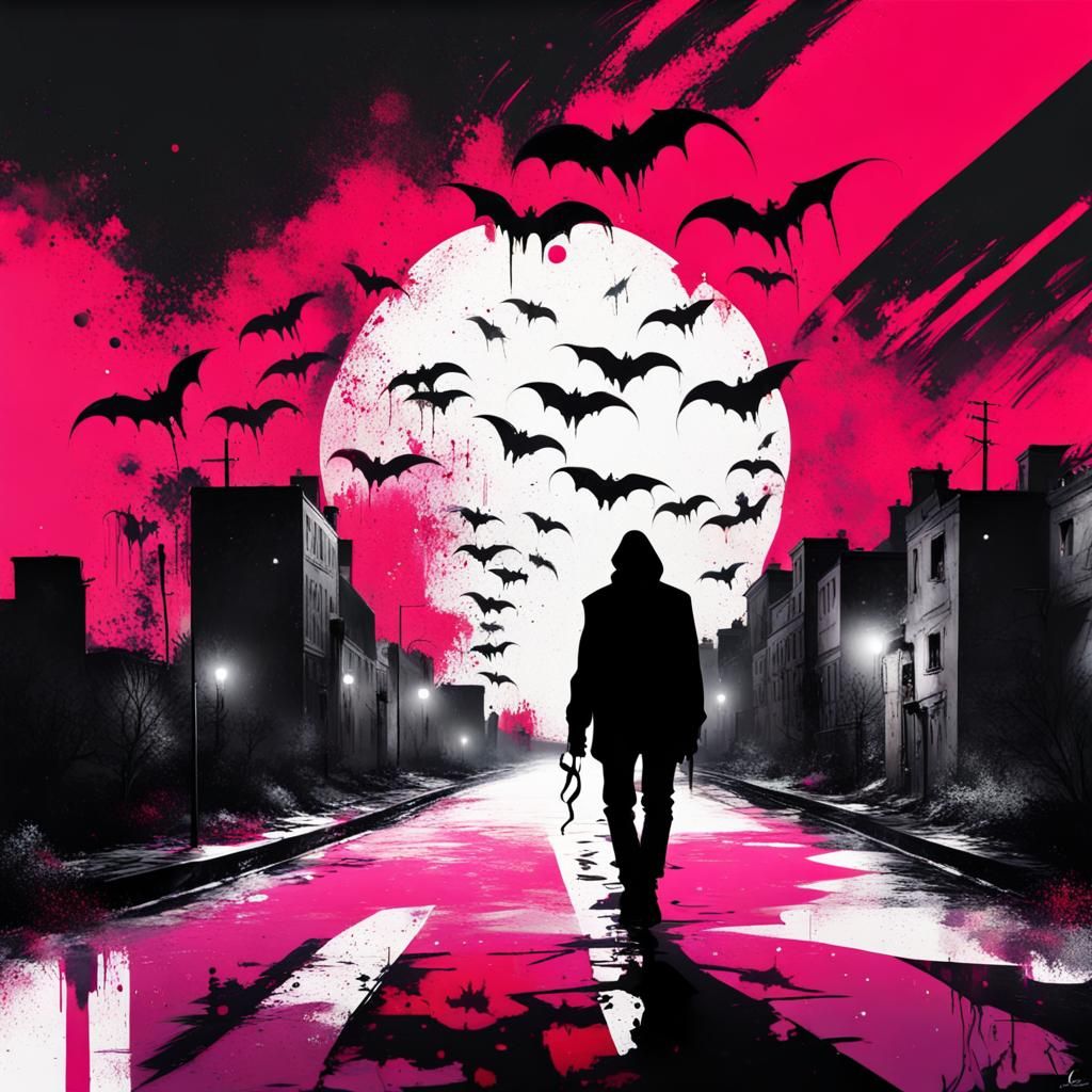 Trash Polka style, vampire, infinity sign, moonbeams, silhouette of person walking a curved road