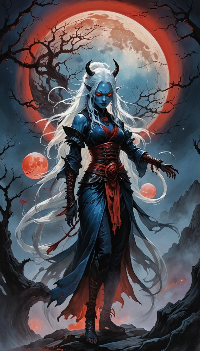 Oni Silhouette with Bioluminescent Aura, in Luis Royo Style