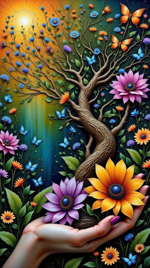 Botanical Dreamscape with Birds and Butterflies