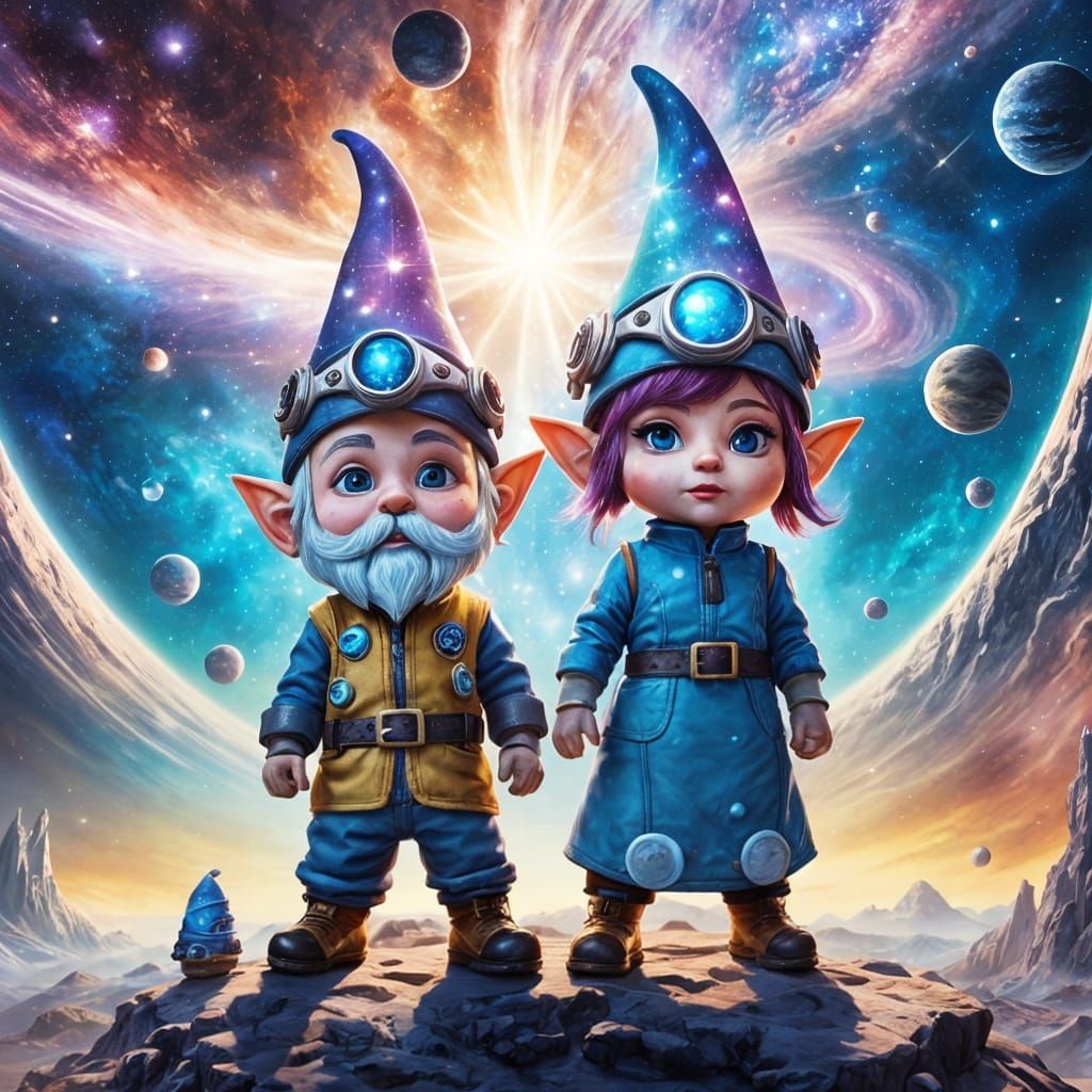 Space Gnomes Admire Celestial Nebula from Spaceship
