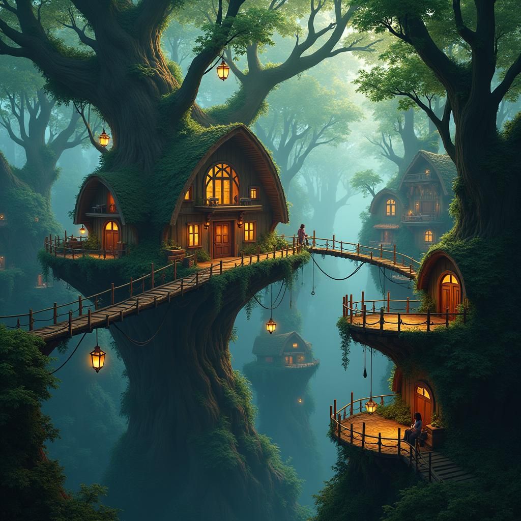 Mystical Treehouse Village in Dense Forest Canopy