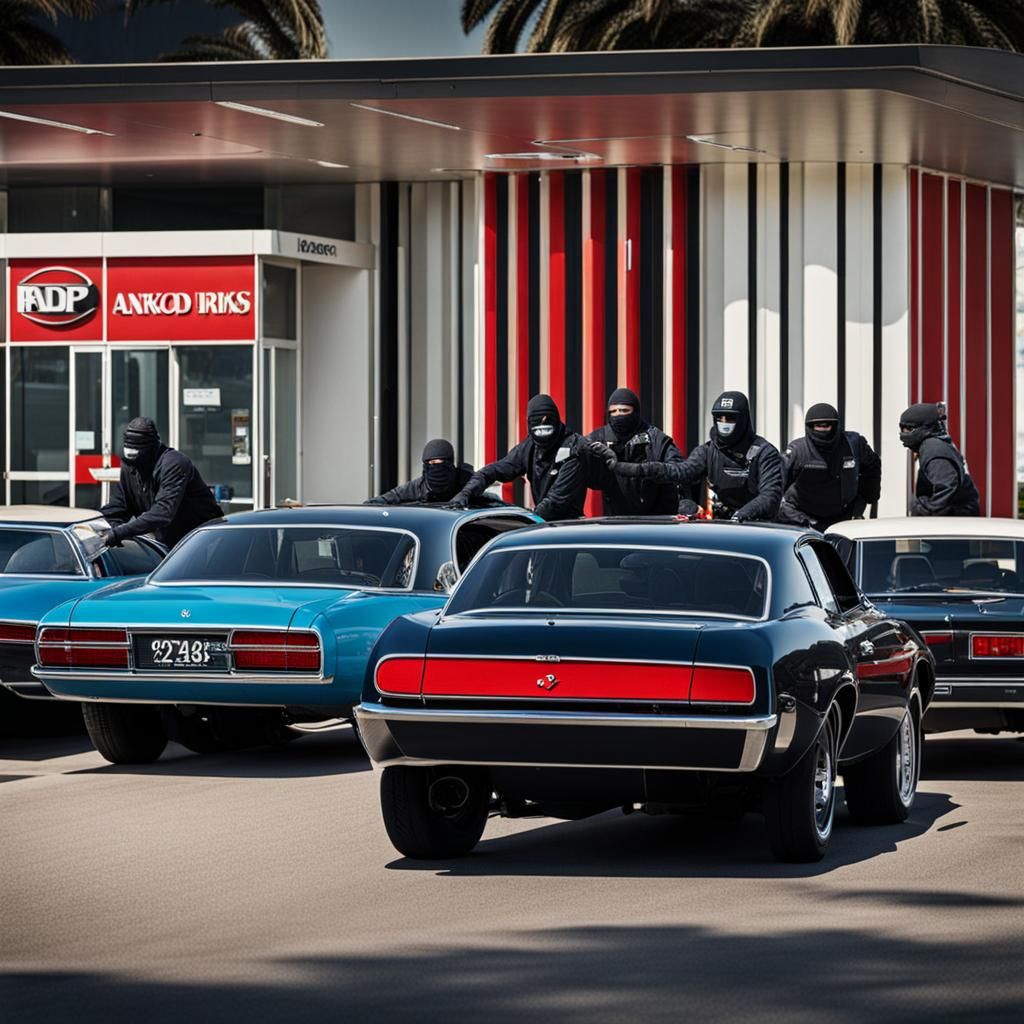Bank Robbery Scene with Luxury Getaway Cars