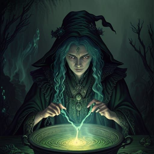 Detailed Illustration of a Witch with Glowing Eyes and Cauld...