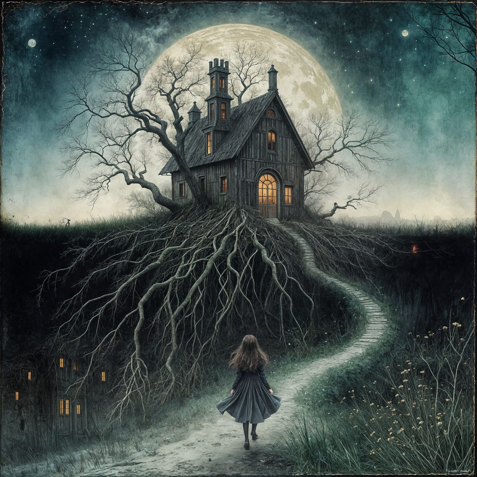 Girl Fleeing a Haunted House on the Longest Night