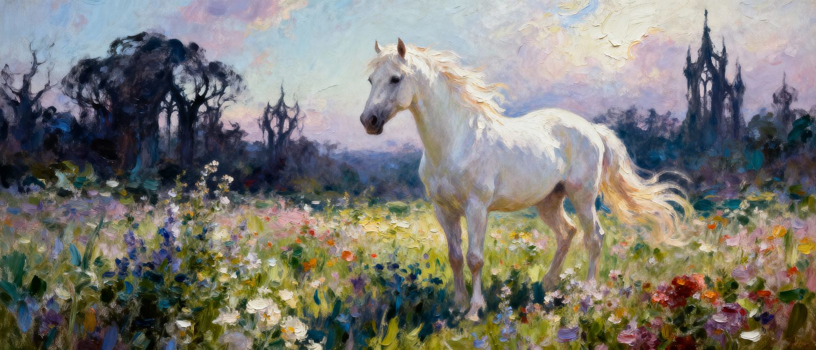 Majestic Horse in Impressionistic Wildflower Field